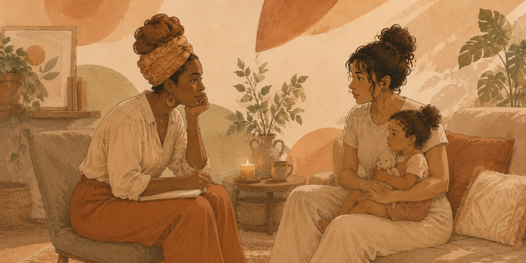 A clinician warmly listening and taking notes across from a mother holding her young child on a couch, in a softly lit, plant-filled room, assessment held with warmth, not clinical distance.
