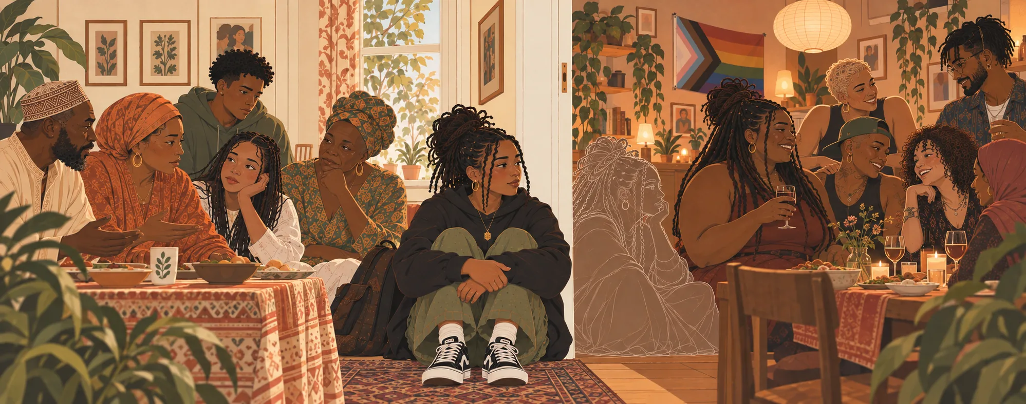 A young person sits on the floor in a doorway between two rooms. On one side, family and elders talk around a table set with food and patterned cloth. On the other, friends, including queer couples, share a meal under a Progress Pride flag. A faint sketched outline of her sits in the second room.