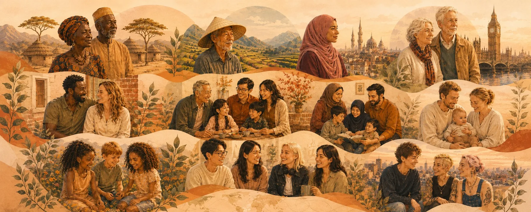 An illustrated collage of families and elders across generations and cultures