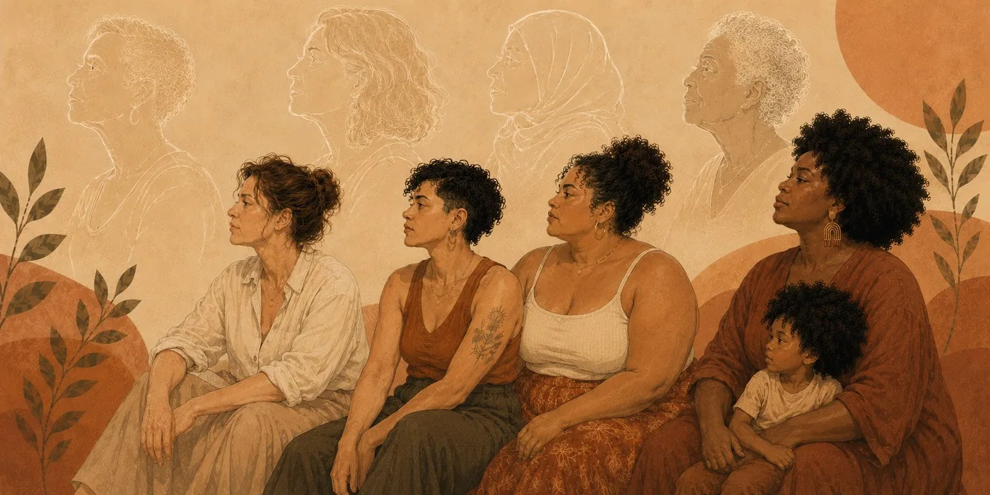 Multiple generations of women in profile, ancestors faded into the background behind mothers and daughters seated in front, one holding a young child