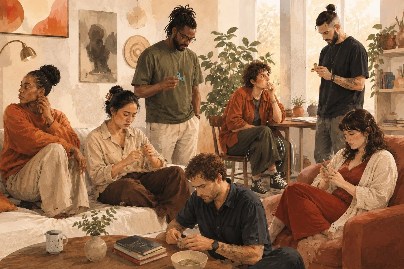 A group of friends sitting together in a warm living room, each quietly using a stim toy