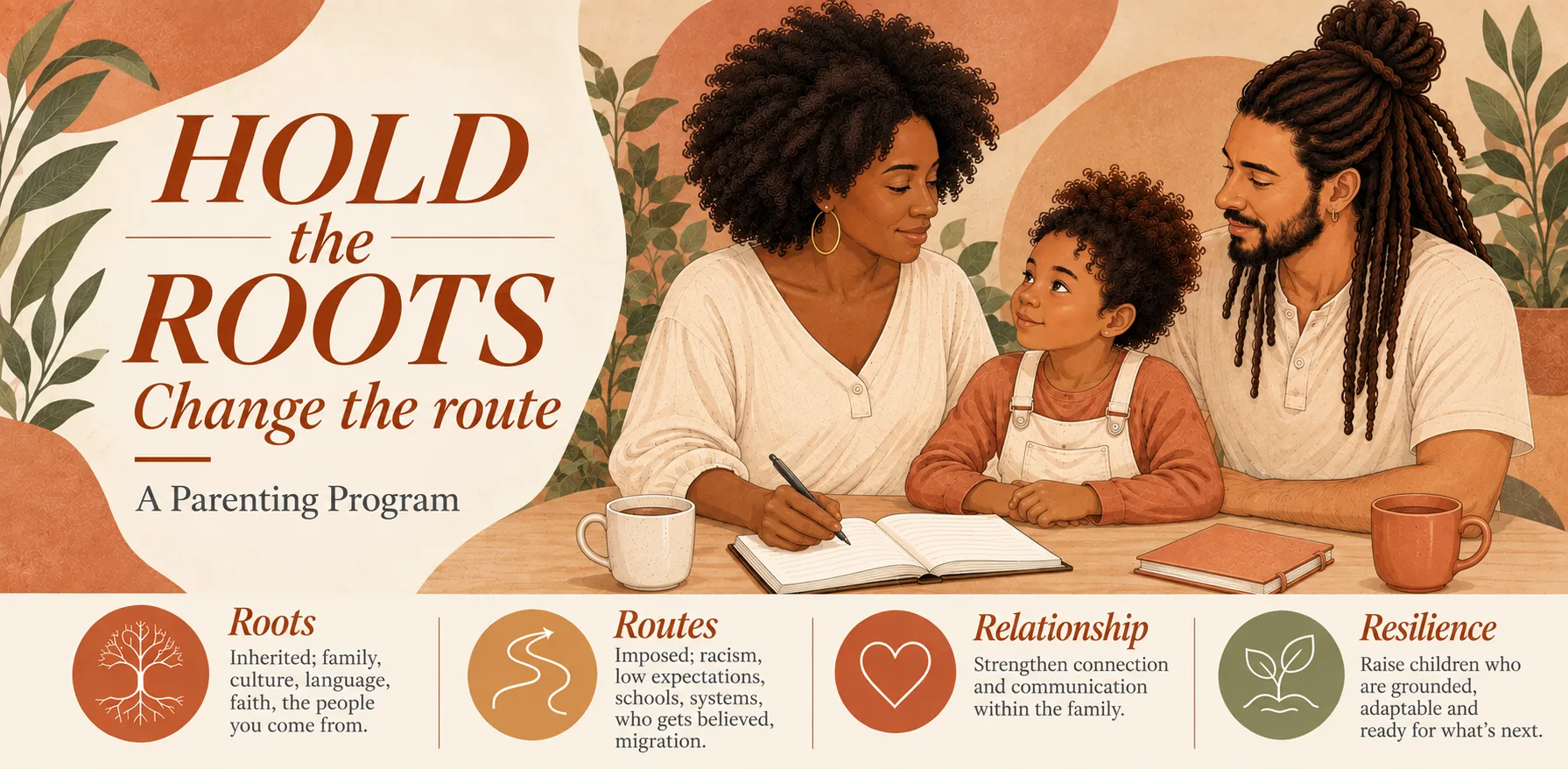 Hold the Roots, Change the Route: a parenting program. A mother, father and child sit together at a table with a journal open, above the program's four pillars: Roots, Routes, Relationship and Resilience.