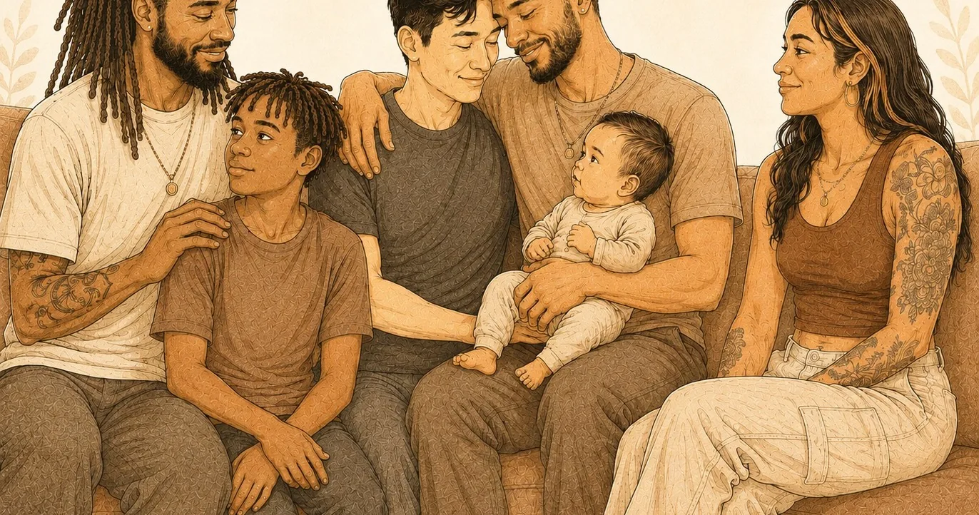 An illustrated portrait of a diverse group of fathers and co-fathers together, one holding a baby.