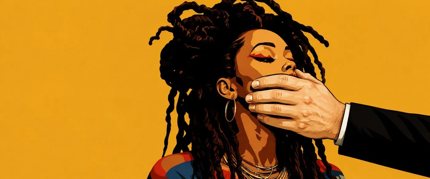 Illustrated portrait of a woman with a hand covering her mouth, a figure for silencing