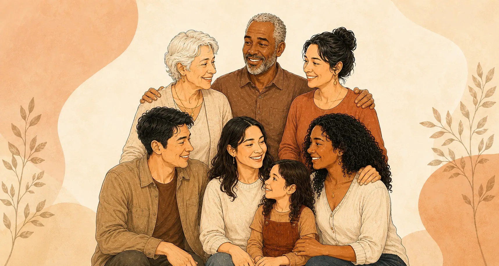 An illustrated portrait of a multi-generational family together, grandparents, parents, and children.