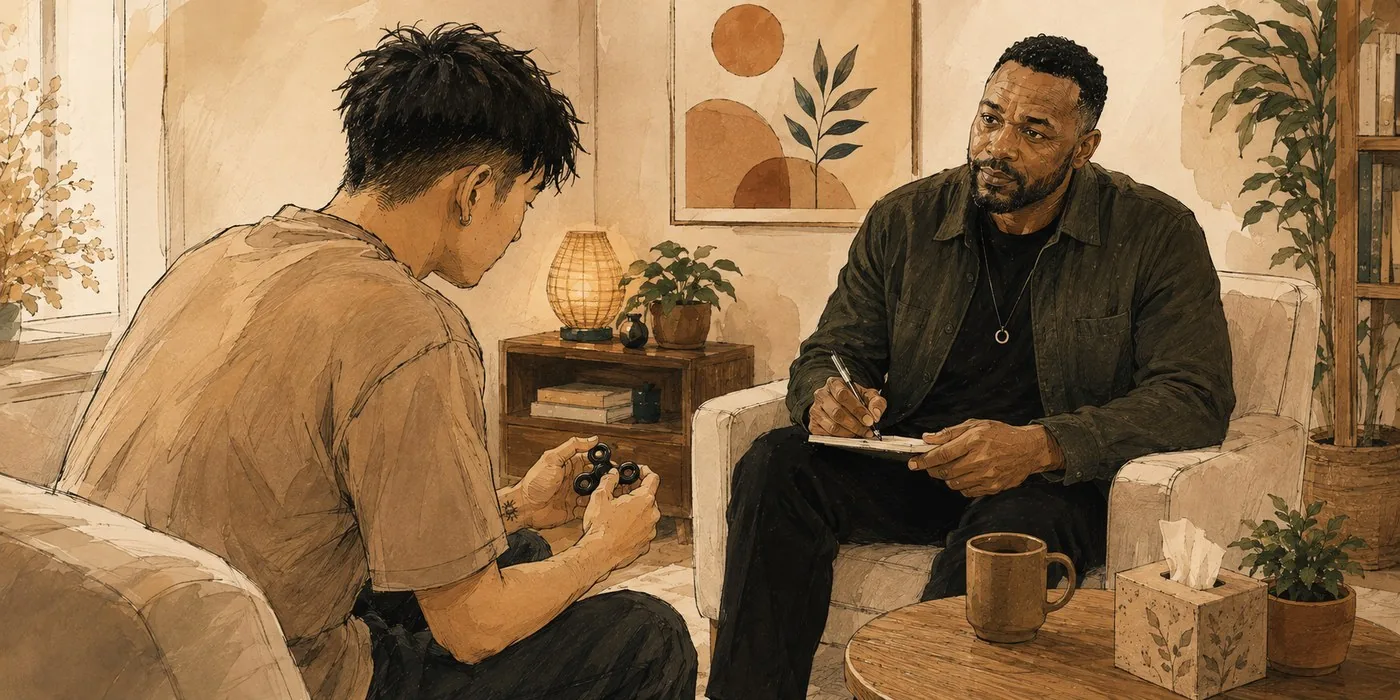 A counsellor taking notes while listening to a young client holding a fidget toy, in a warm office