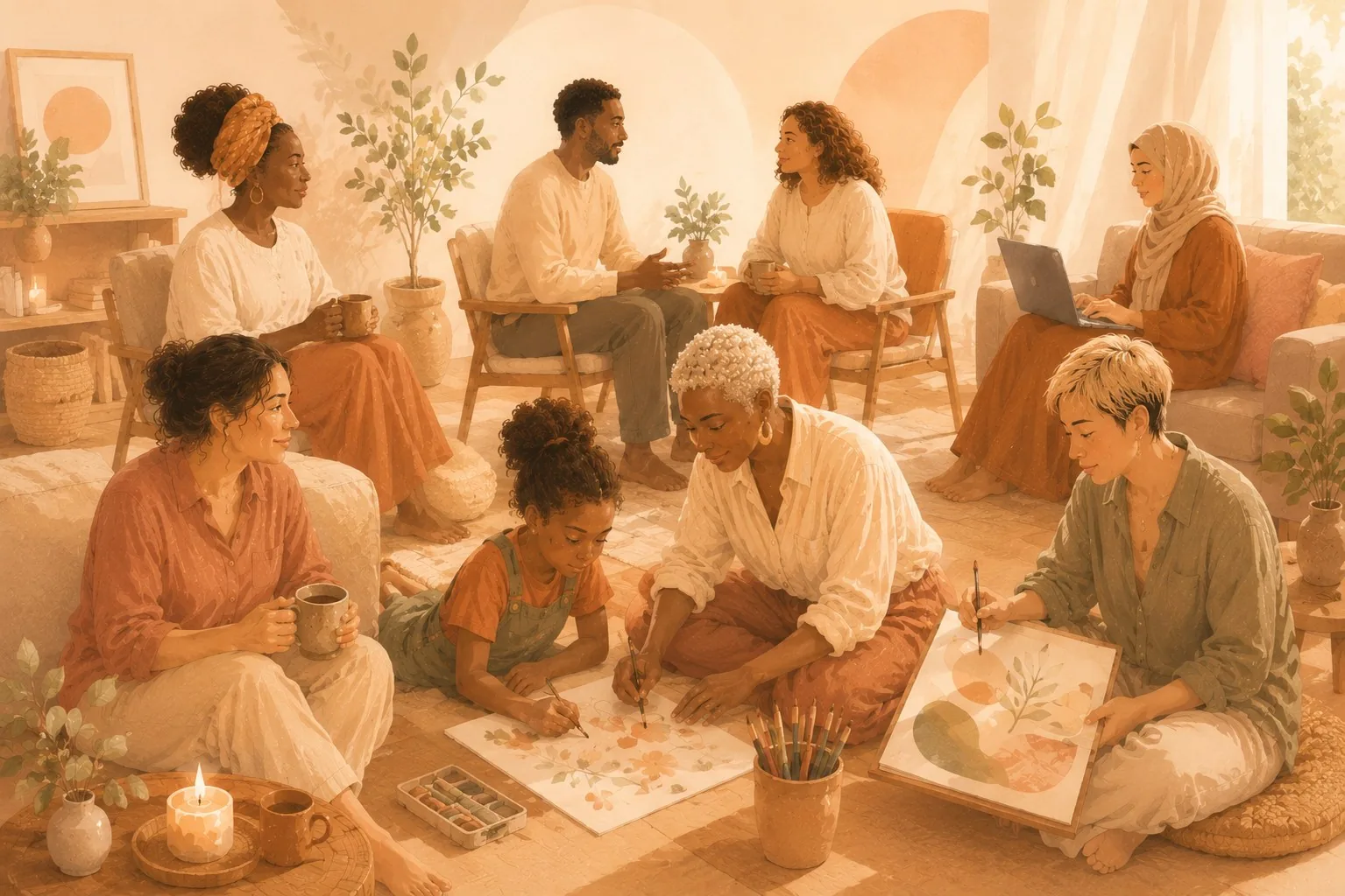 Illustration of a practice room, clinicians and families talking, working and drawing together