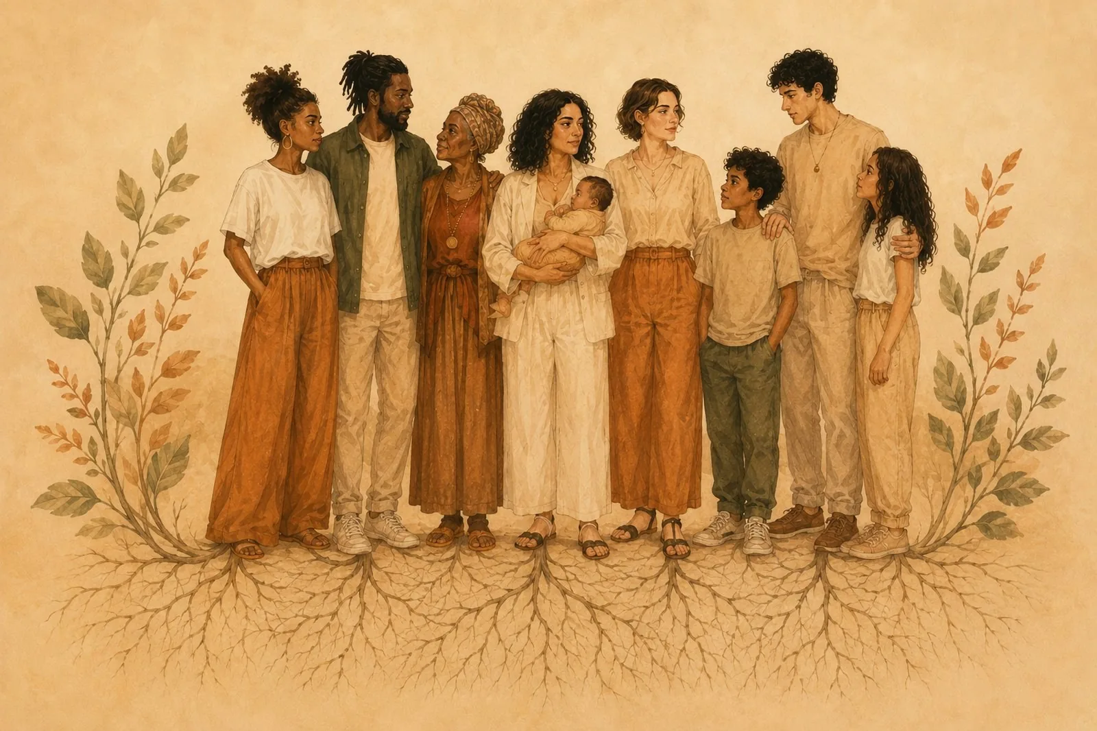 A multigenerational family standing together in warm sepia and rust tones, with root systems beneath each figure merging into one shared network.