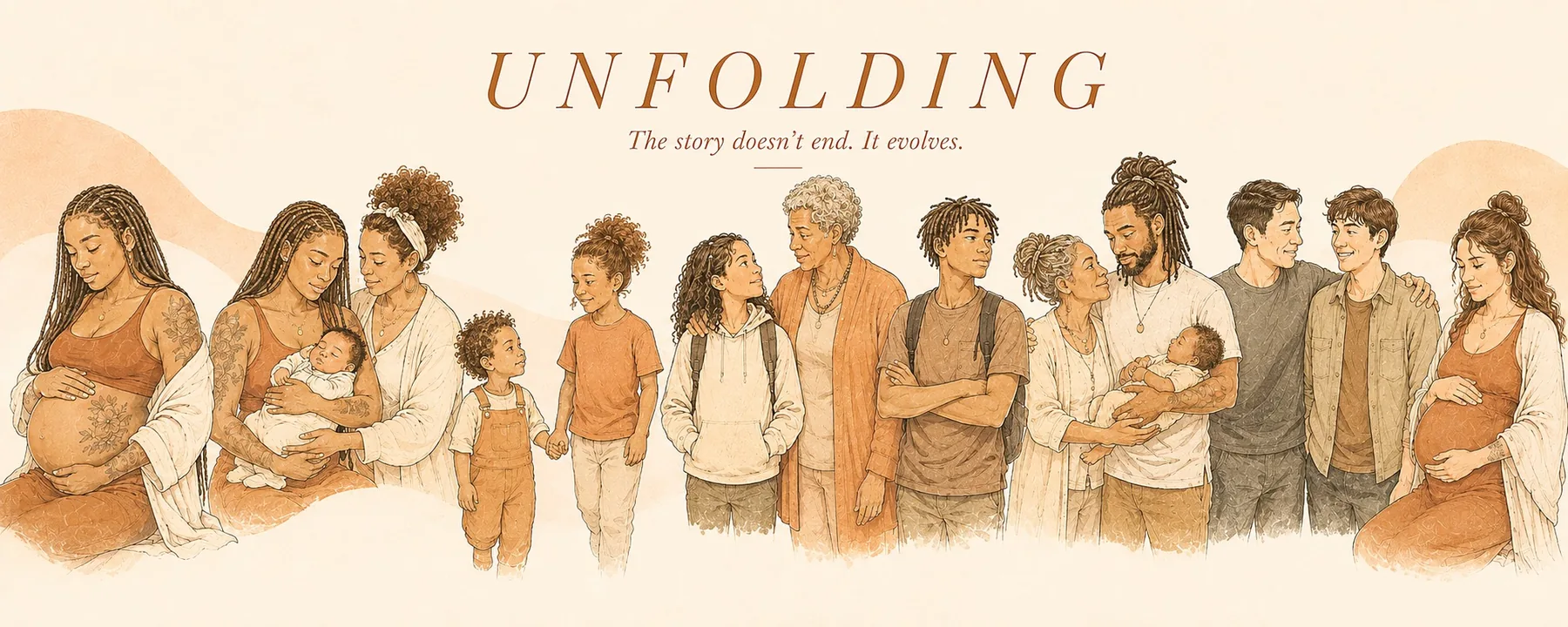 Unfolding, an illustrated line of family members spanning pregnancy through elder years, standing together as one continuous story. Tagline: The story doesn't end. It evolves.
