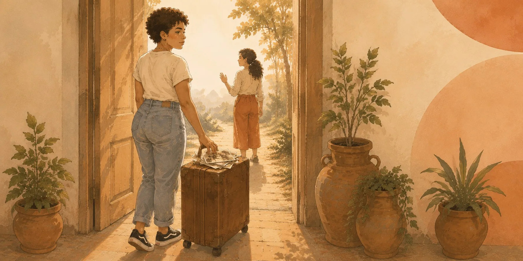 A woman standing at a doorway, one hand resting on a suitcase with old photographs on top, looking toward another figure walking ahead into a sunlit path, the ongoing weight of carrying loss and distance forward.