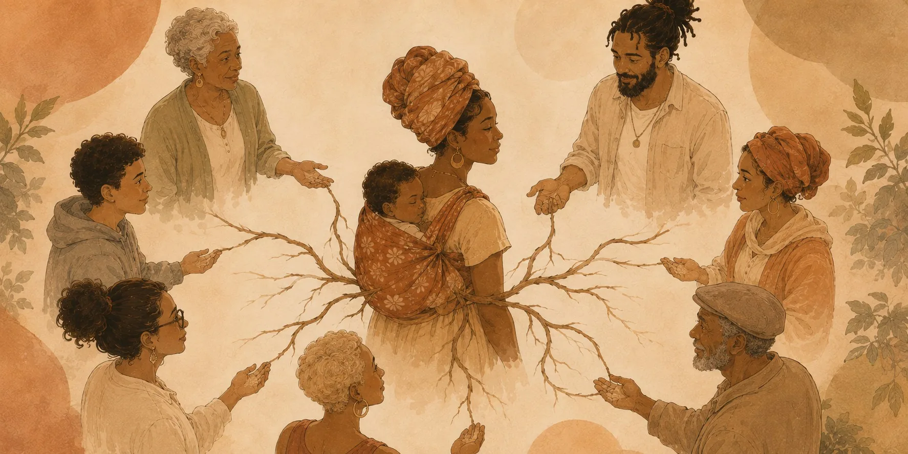 A mother carrying a baby at the centre, surrounded by a circle of grandparents, an uncle, an aunt, and other family members, with root lines branching from the child out to each of them, security held by many grounding points at once, not one.