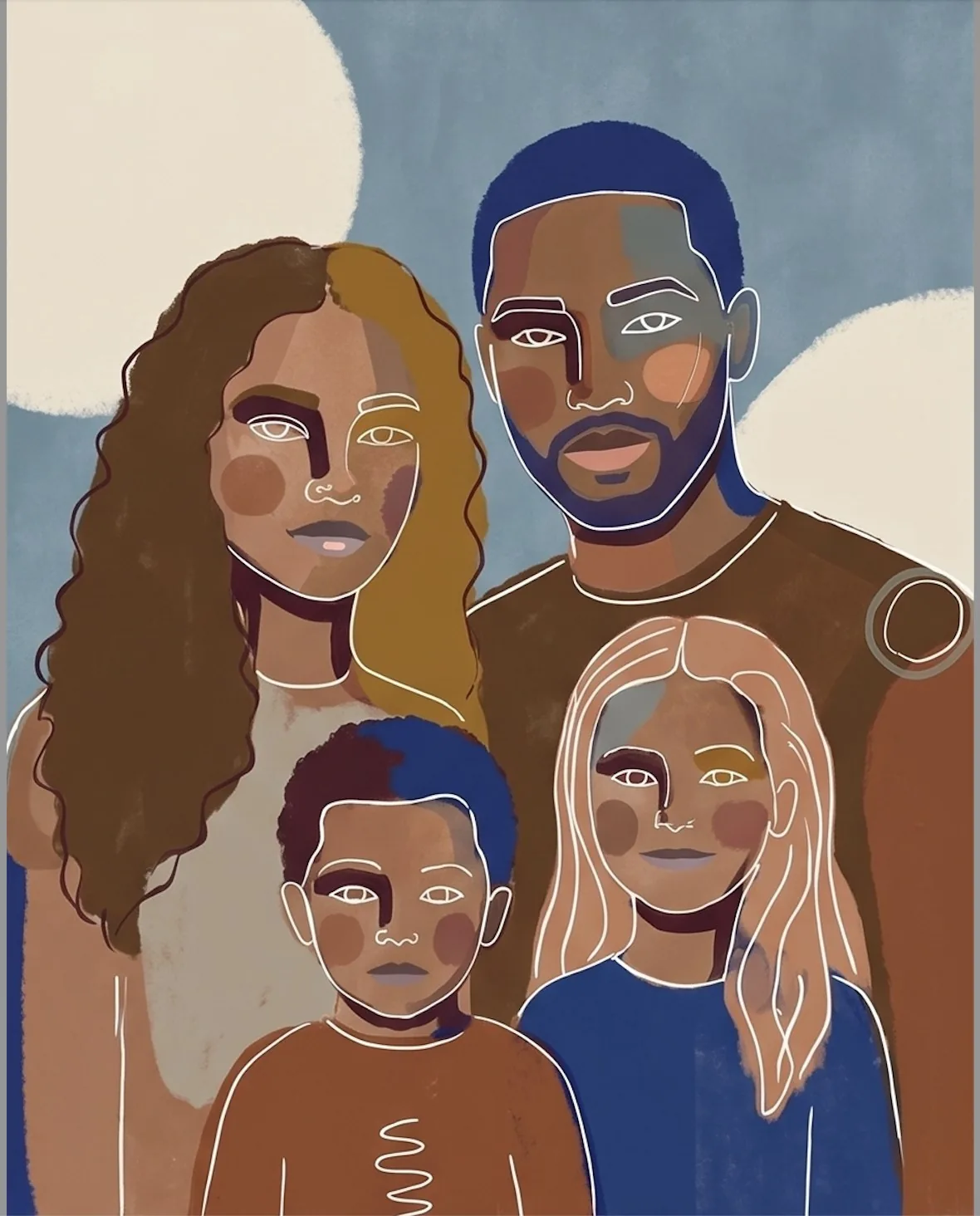 An illustrated portrait of a family of four, two parents and two children, standing close together.