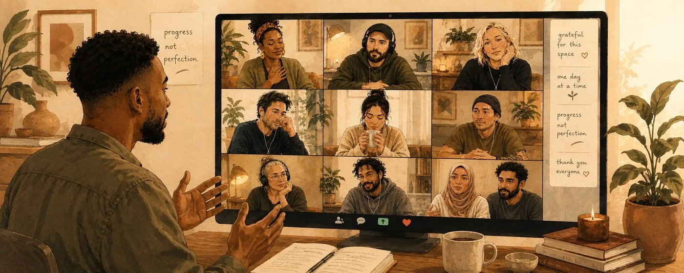 A man on a warm telehealth group call with eight other people
