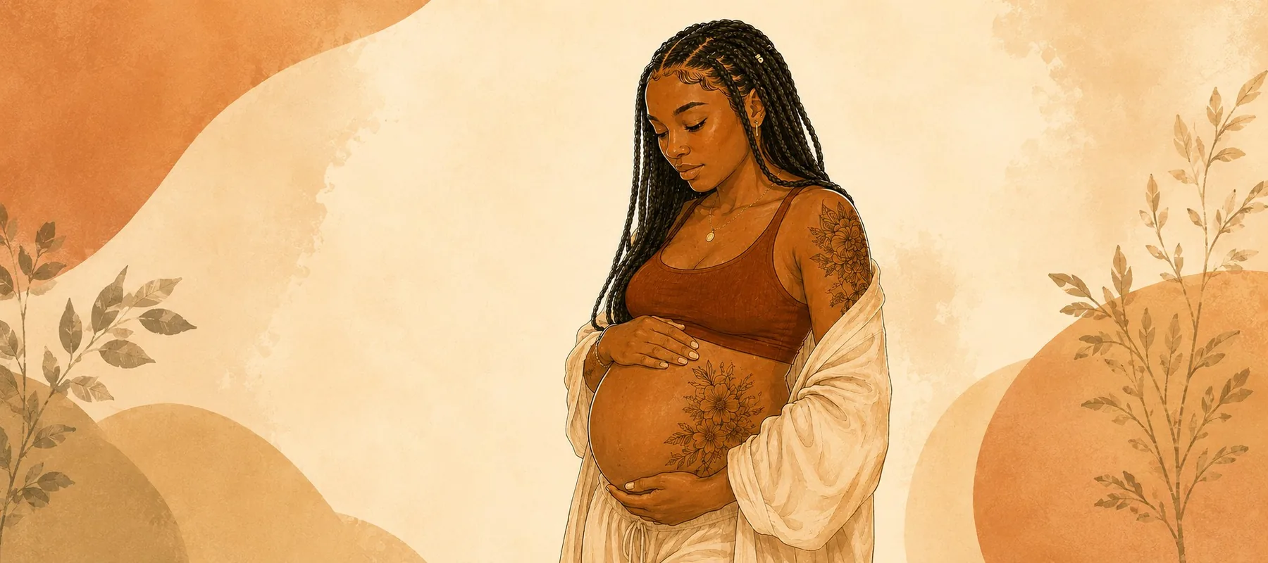 An illustrated portrait of two parents holding their newborn baby close.