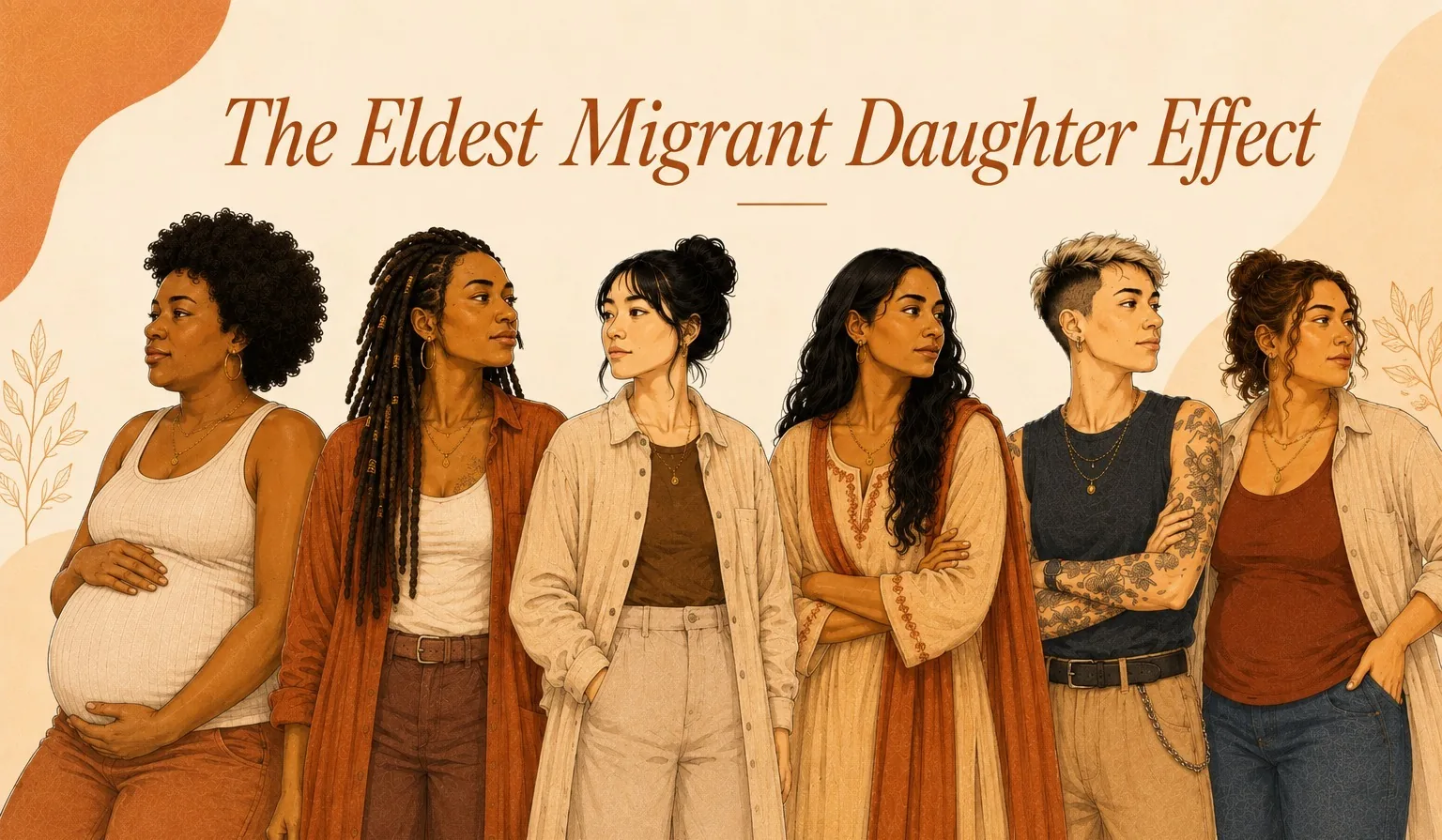 The Eldest Migrant Daughter Effect, six illustrated women of different backgrounds standing together.