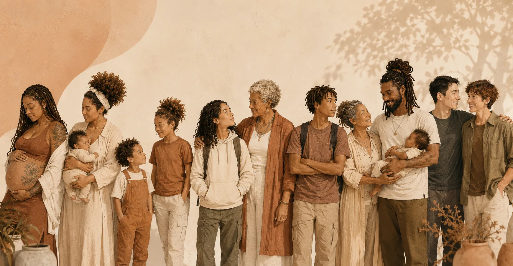 A line of family members spanning pregnancy through elder years, expectant mothers, babies, children, teenagers, parents and grandparents standing together as one continuous story.